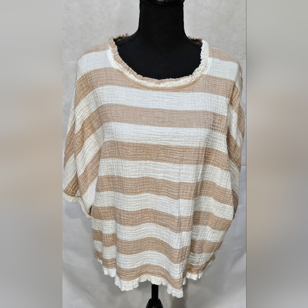 Umgee Tan & White Stripped Ruffled 100% Cotton Pullover Blouse Size 1XL - Picture 2 of 8
